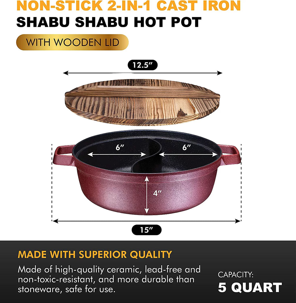 2-In-1 Cast Iron Shabu Shabu Hot Pot with Wooden Lid M218