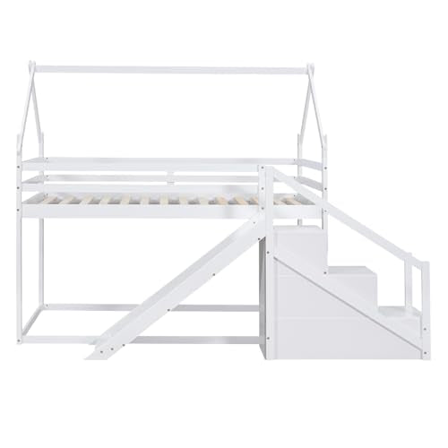 White Twin Over Twin Wood Bunk Bed with Slide and Storage Stairs O7687
