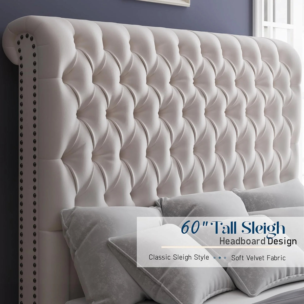 King Size Velvet Upholstered Platform Bed with Sleigh Headboard C5900