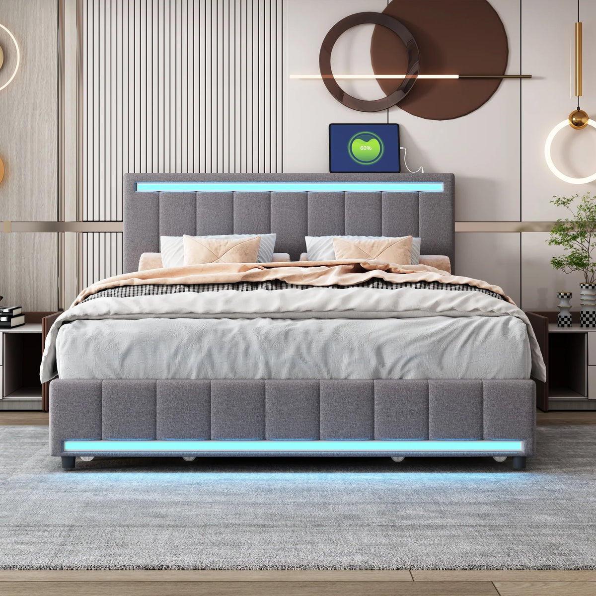 Queen Size Linen Upholstered Bed with LED Light and Drawers T65908
