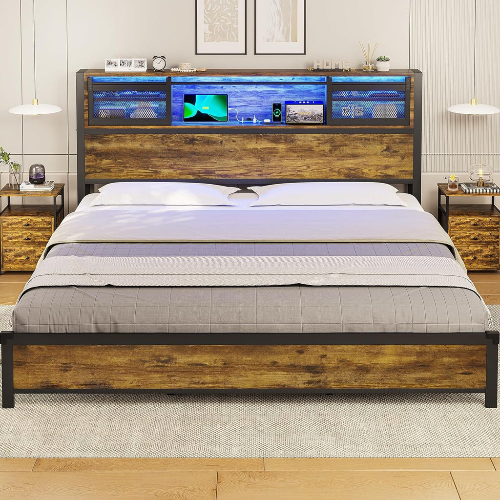 Queen Size Metal Platform Bed Frame with Storage Headboard and 4 Drawers X23921