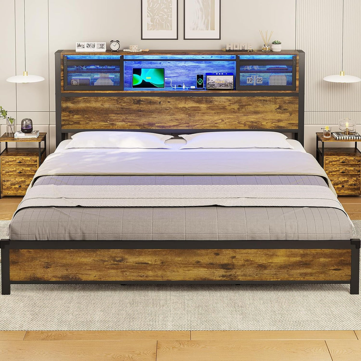 Queen Size Metal Platform Bed Frame with Storage Headboard and 4 Drawers X23921