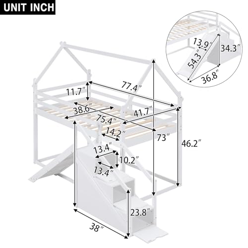 White Twin Over Twin Wood Bunk Bed with Slide and Storage Stairs O7687