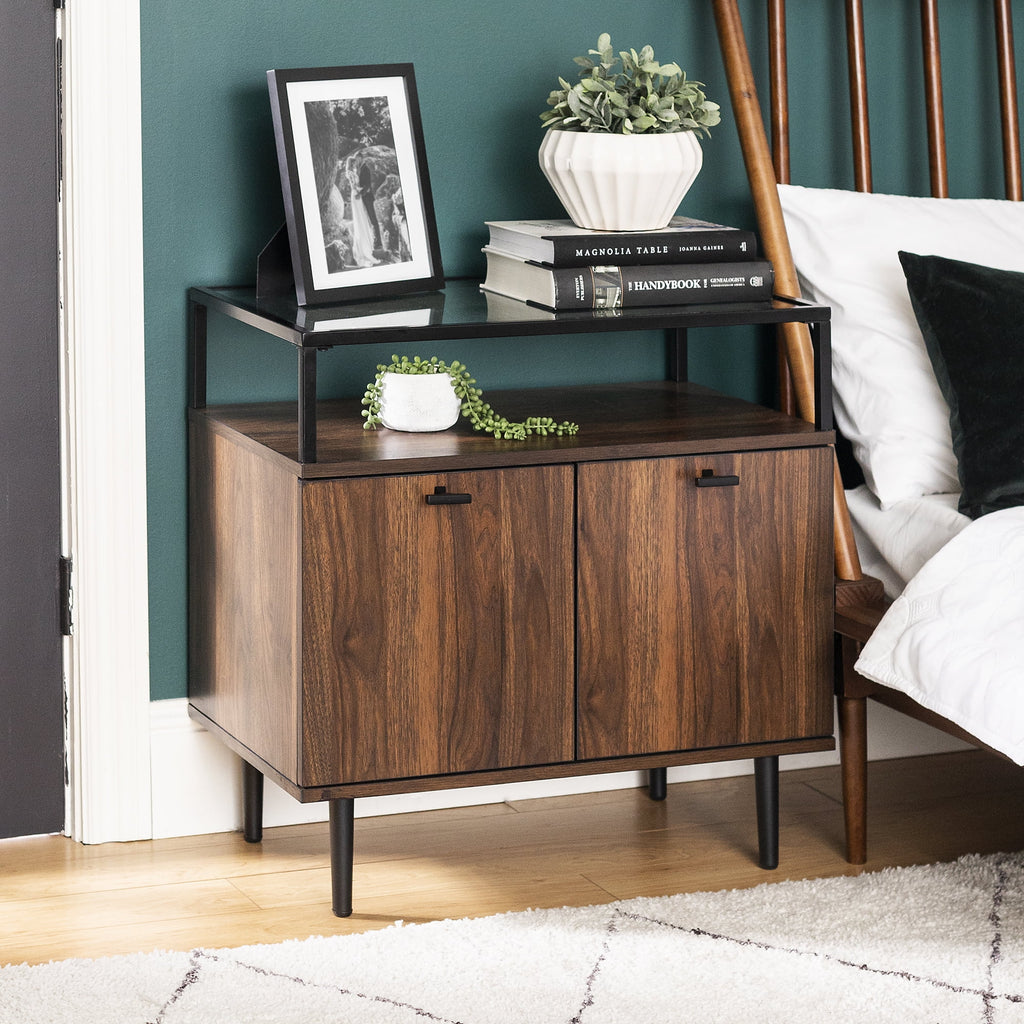 Glass Top Two-Door Nightstand Set of 2 Dark Walnut Y42140