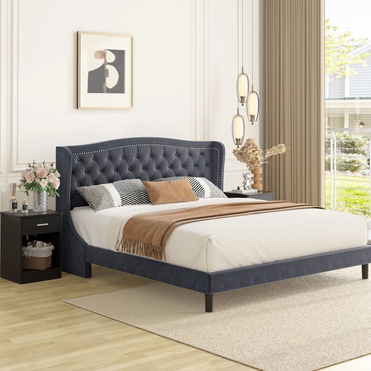 King Bed Frame with Wing-Back Button Tufted Upholstered Headboard R580527