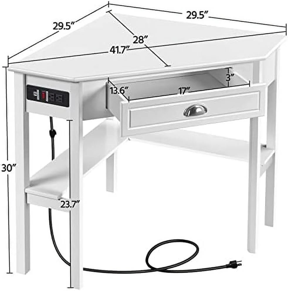 L Shaped Corner Computer Desk with Power Outlets White A7330