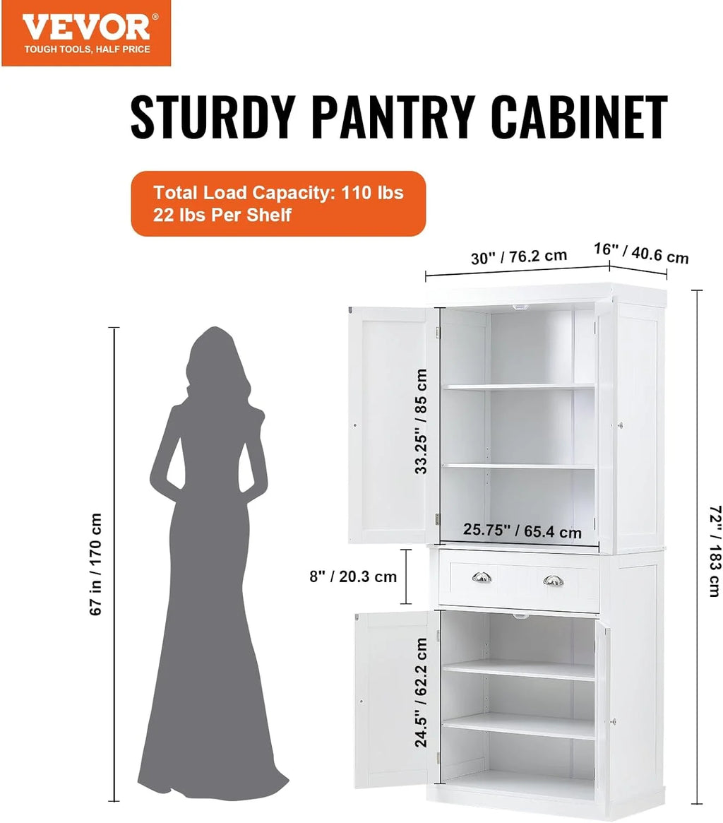 72" Pearl White Utility Cabinet with Doors Drawer and 3 Adjustable Shelves W960722