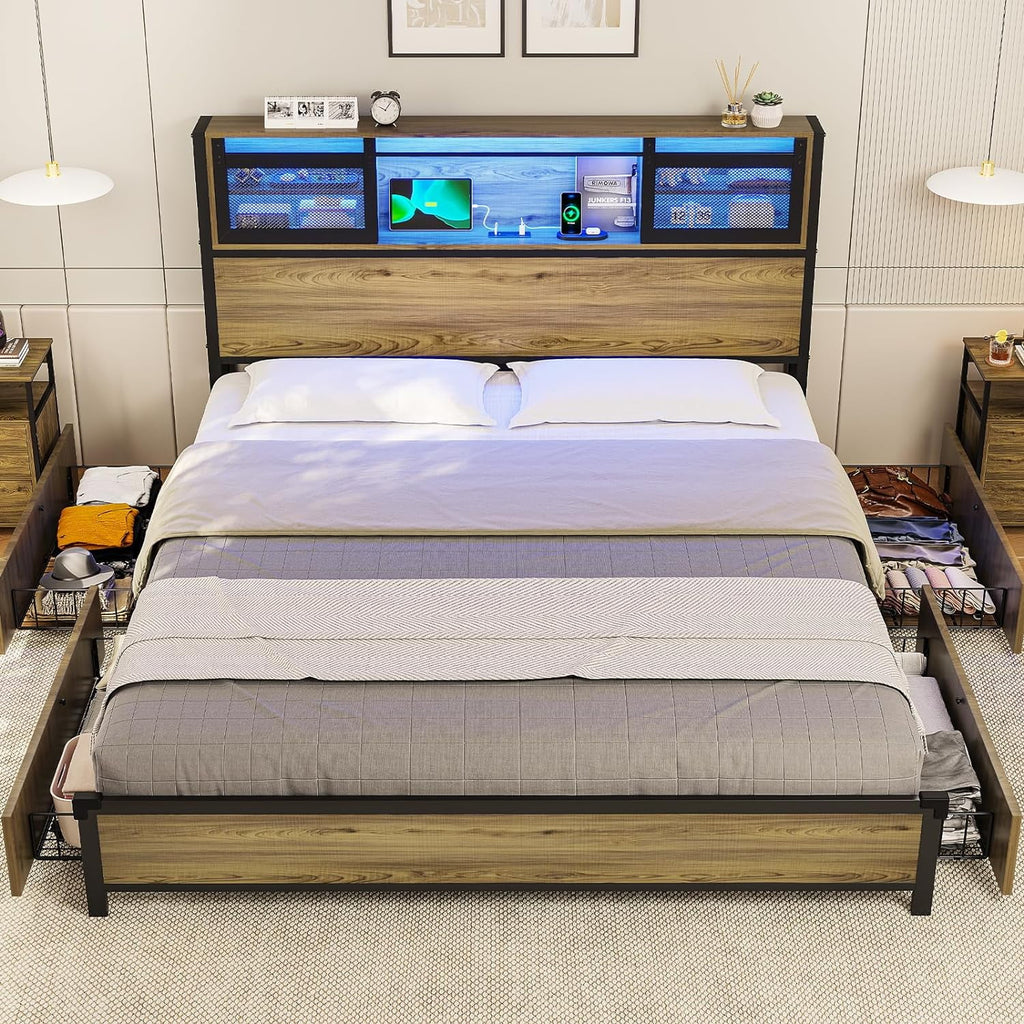 Queen Size Metal Platform Bed Frame with Storage Headboard and 4 Drawers X23921