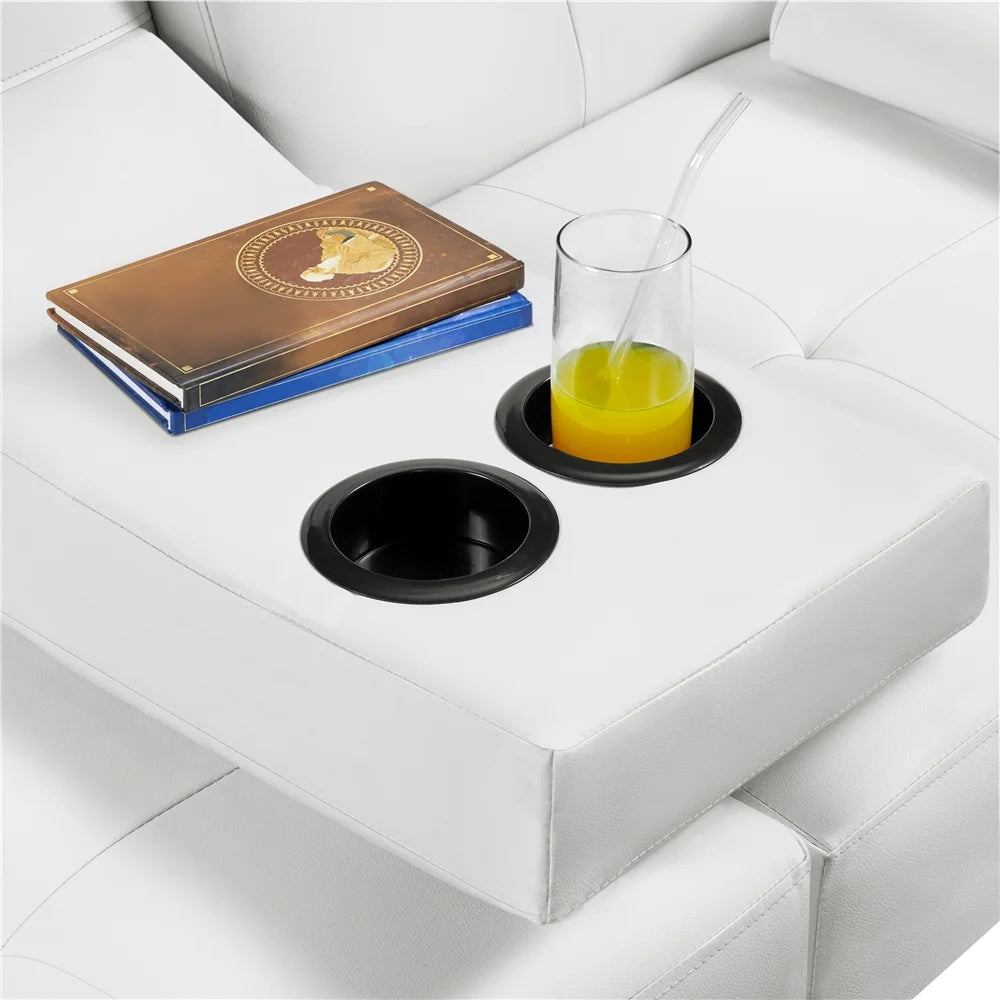 White Faux Leather Futon Sofa Bed with Cup Holders S2753