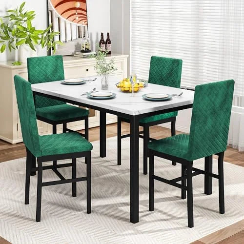 Dining Table and Chairs Set of 4 Faux Marble White J184