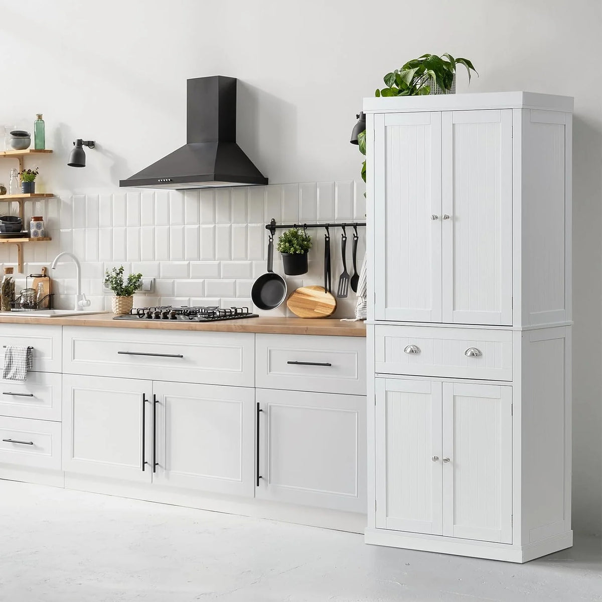 72" Pearl White Utility Cabinet with Doors Drawer and 3 Adjustable Shelves W960722