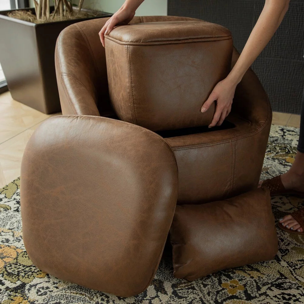 Brown Faux Leather Barrel Chair with Storage Seat and Ottoman O4292