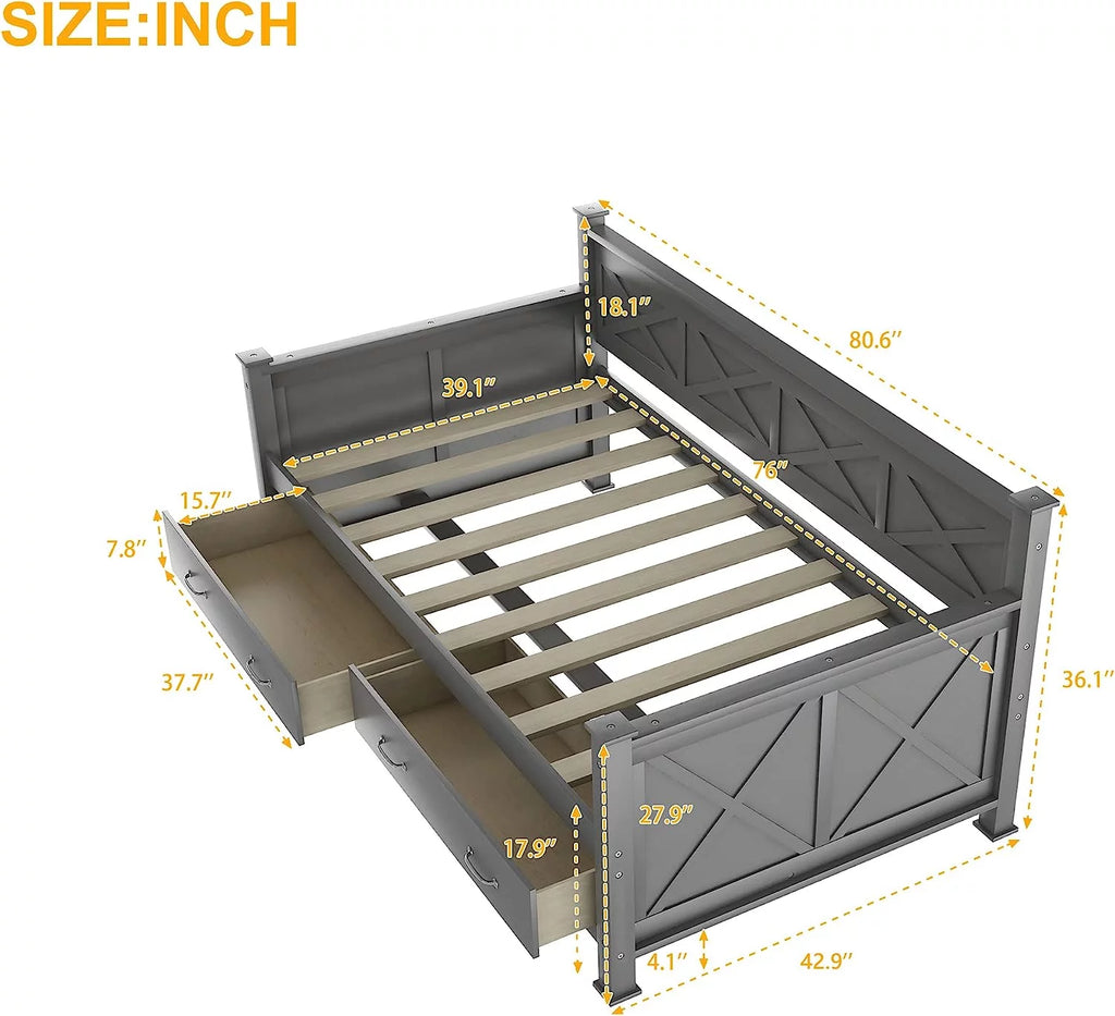 Grey Wood Daybed with Two Storage Drawers V946