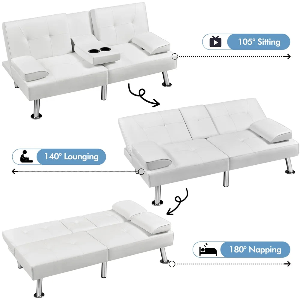 White Faux Leather Futon Sofa Bed with Cup Holders S2753