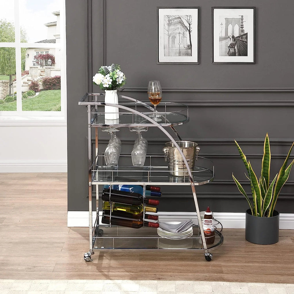 3-Tier Metal Mobile Bar Cart with Wheels & Wine Rack T9123