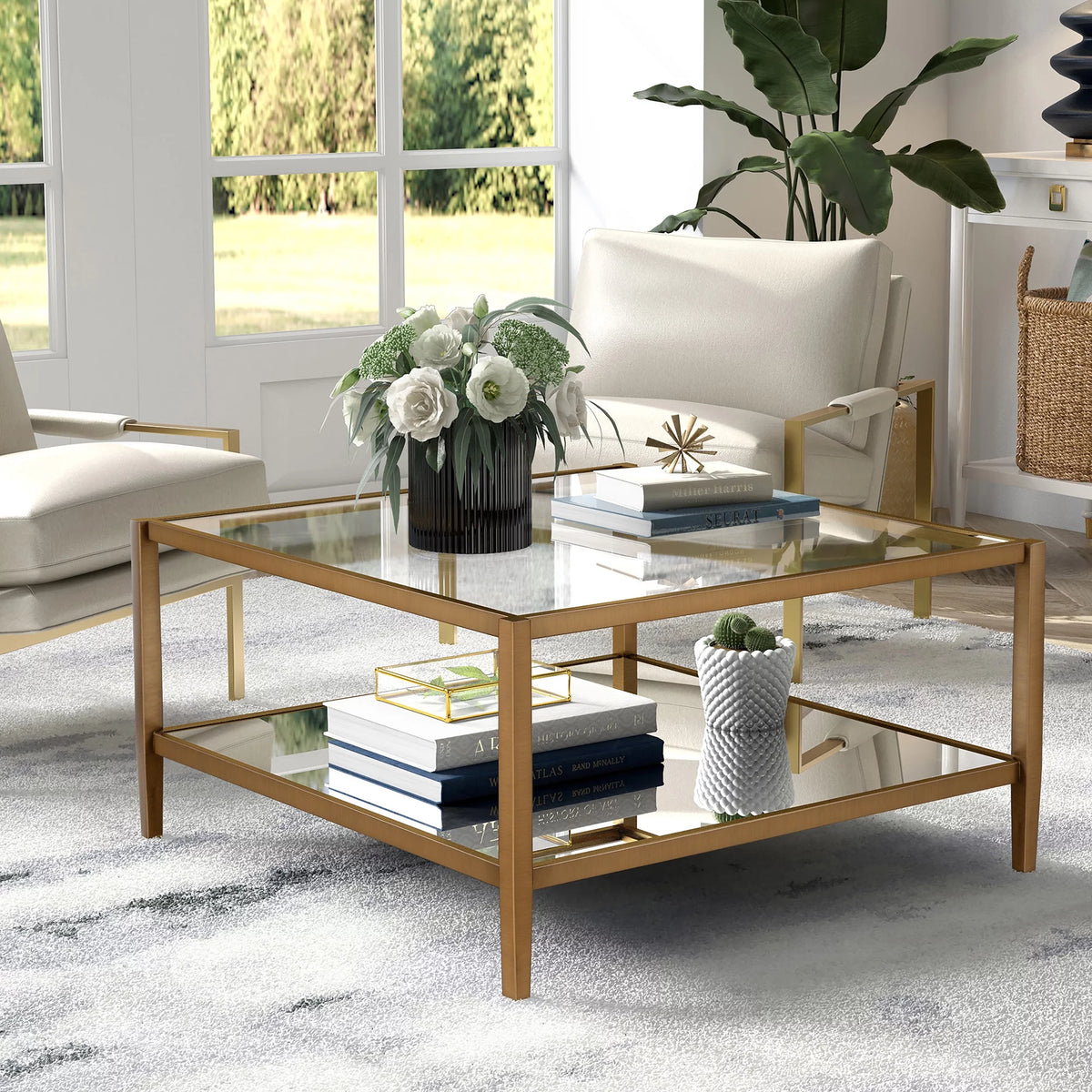 32" Wide Square Coffee Table with Mirror Shelf T37633