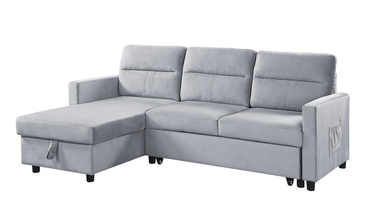 Light Gray Velvet Reversible Sleeper Sectional Sofa with Storage Chaise L3685