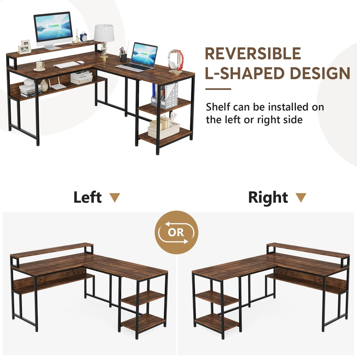 59" L Shaped Desk with Monitor Stand and Storage Shelf B826