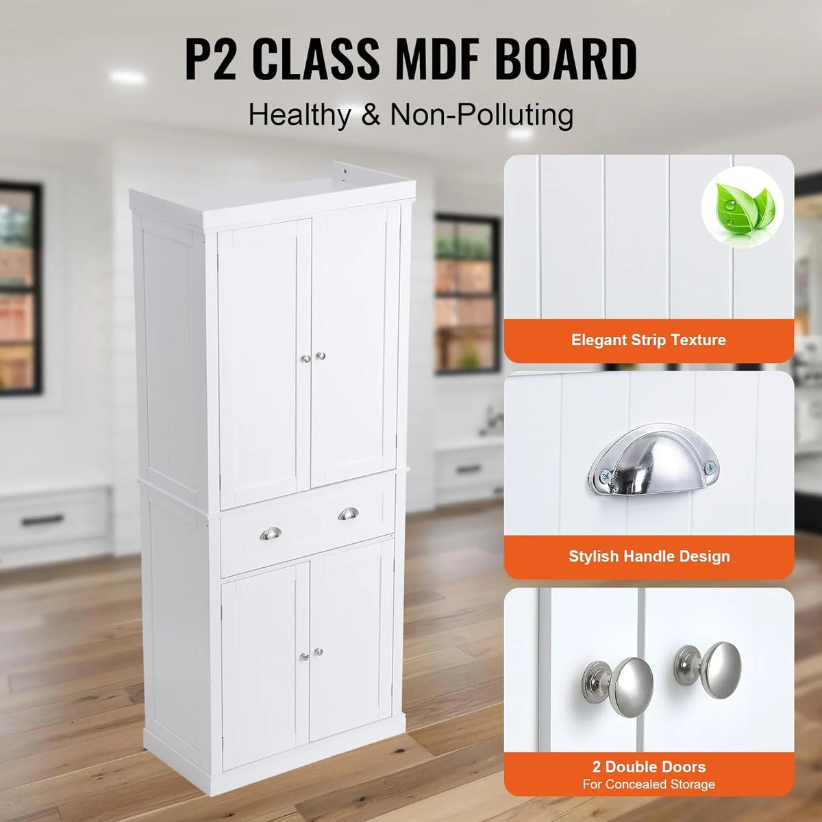72" Pearl White Utility Cabinet with Doors Drawer and 3 Adjustable Shelves W960722