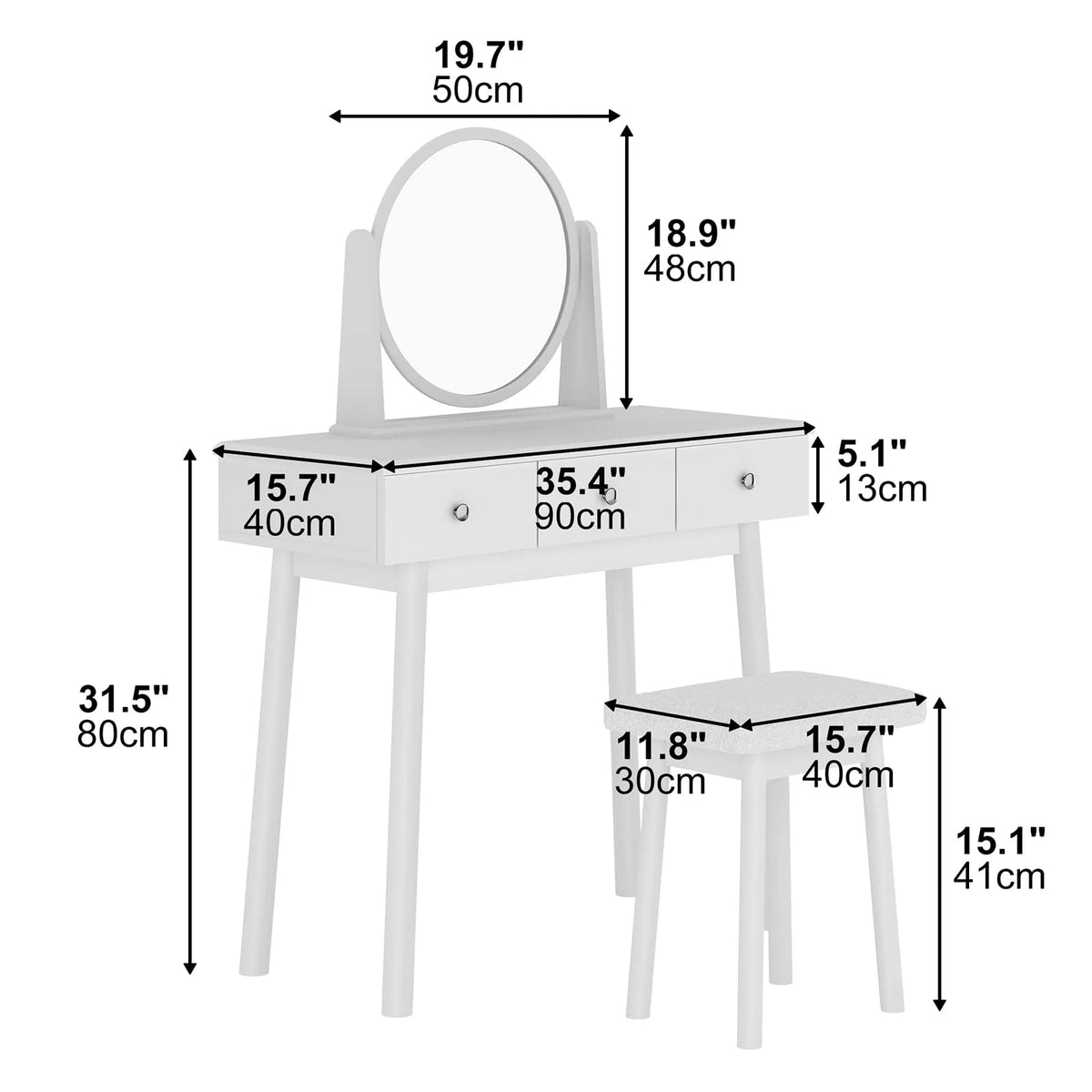 White 3 Drawer Vanity Table Set with Stool and Mirror P173472