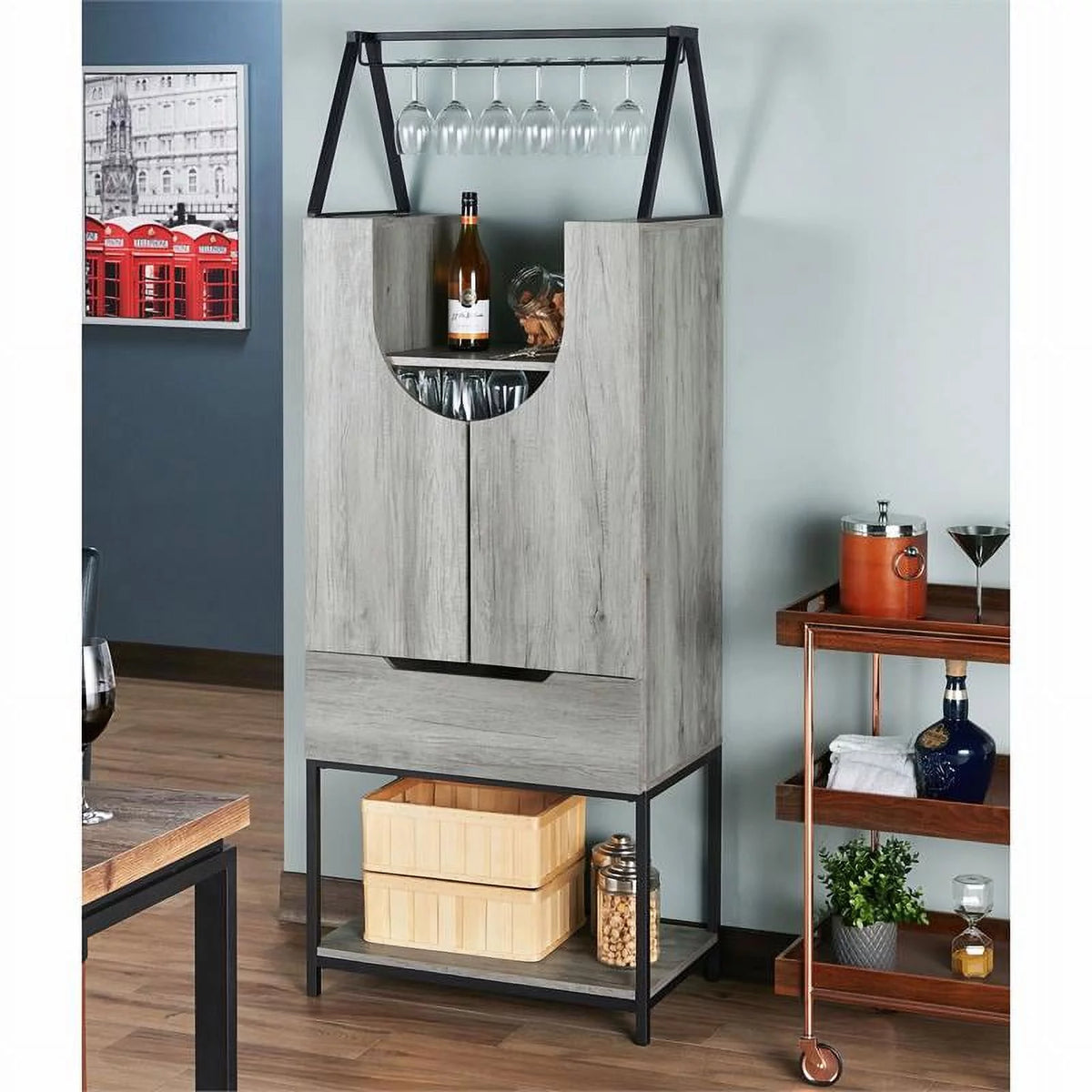 Vintage Gray Oak Wood Wine Cabinet P2975