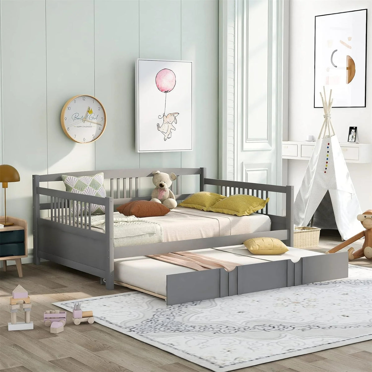 Grey Full Size Wood Daybed with Trundle P886161