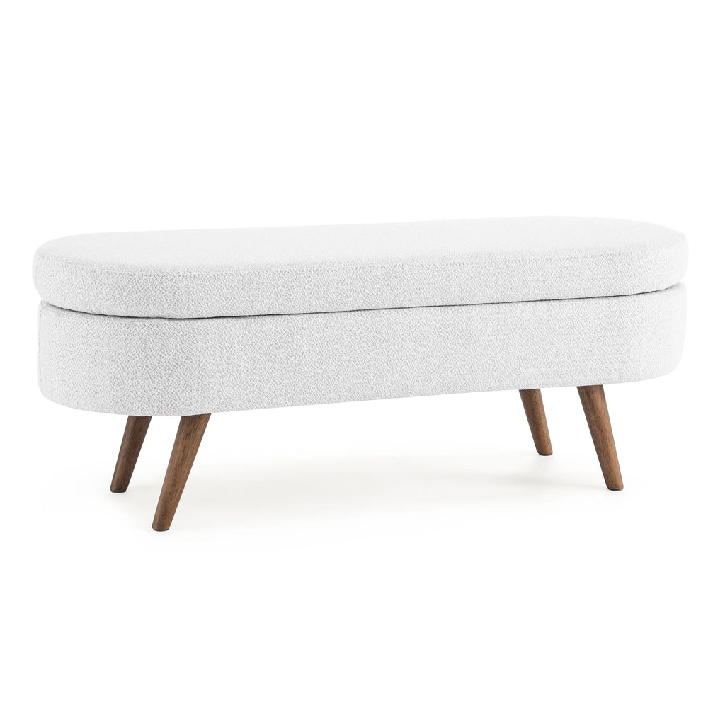 White Oval Storage Ottoman Bench with Rubber Wood Legs I5538