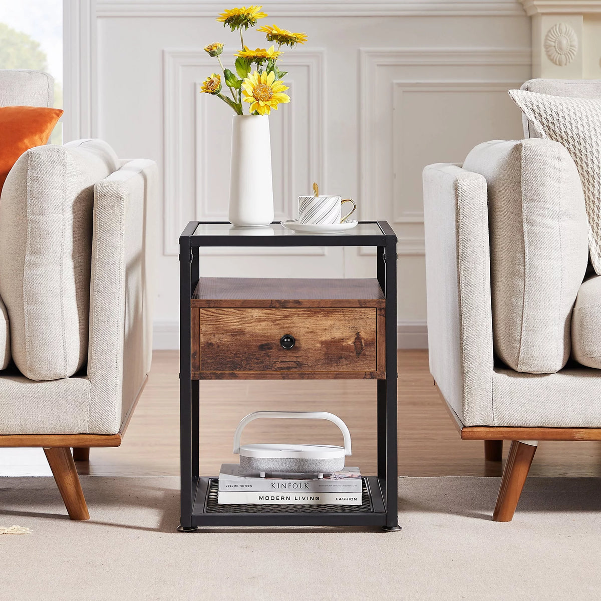 Brown Nightstand with Drawer and Shelf W475